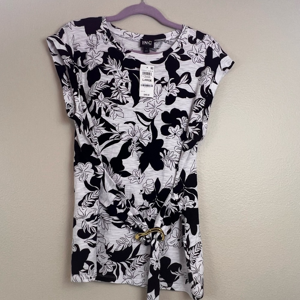 INC International Concepts Black White Tie Front Cap Sleeve Blouse Women Large